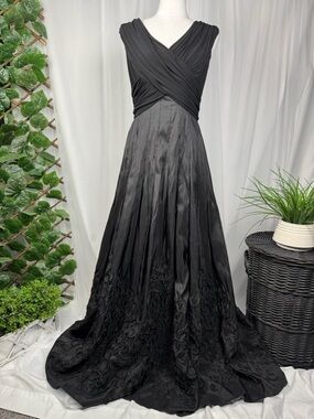 Patra Black Ruched Bodice Evening Gown with Embroidered Skirt